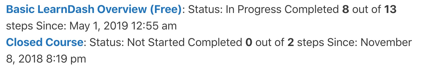 LearnDash Course Info, course progress details