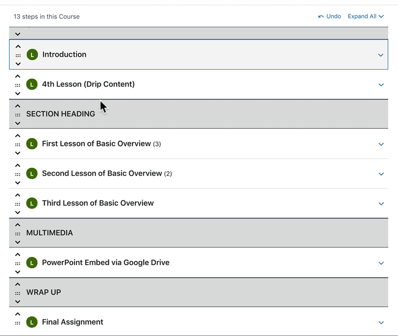 העבר את תוכן הקורס של LearnDash עם חיצי הזז