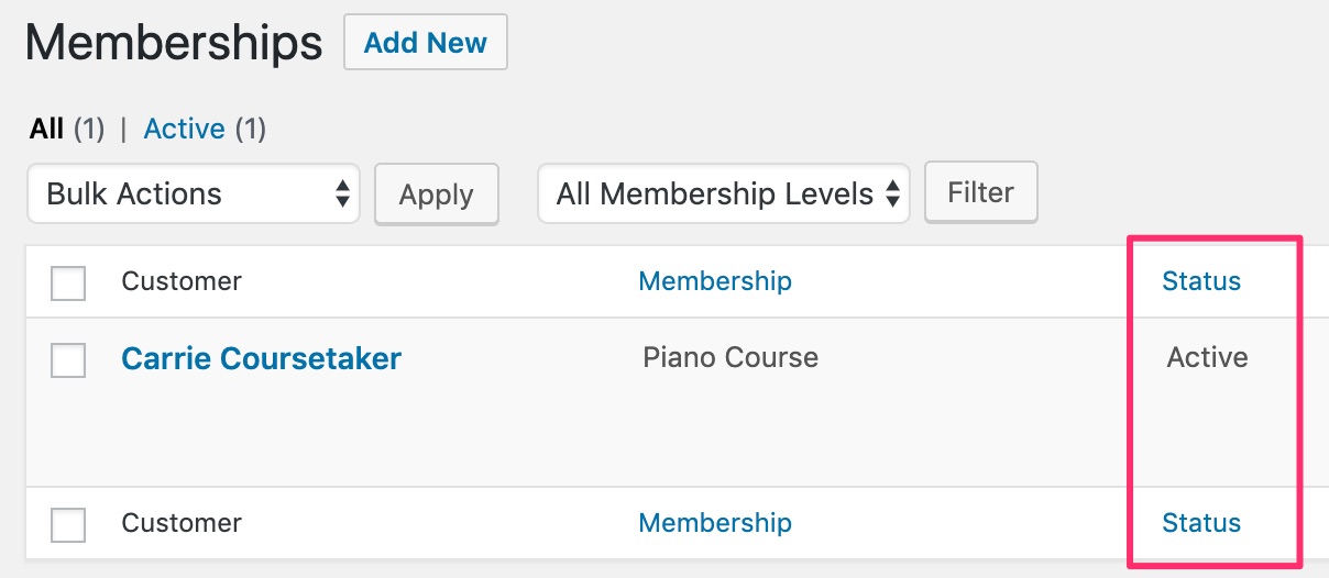Restrict Content Pro, membership status column
