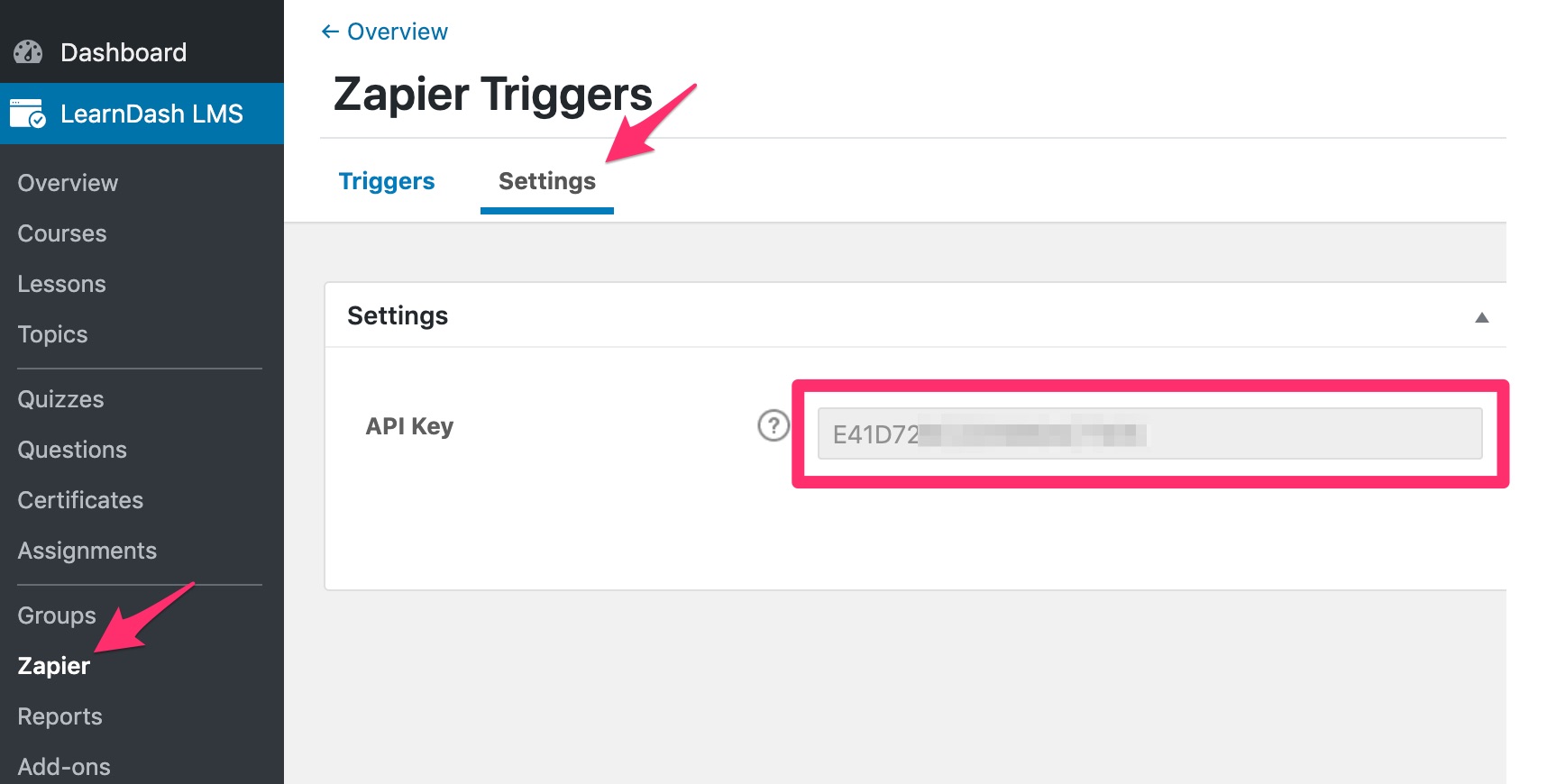 Copy Zapier API key in LearnDash settings