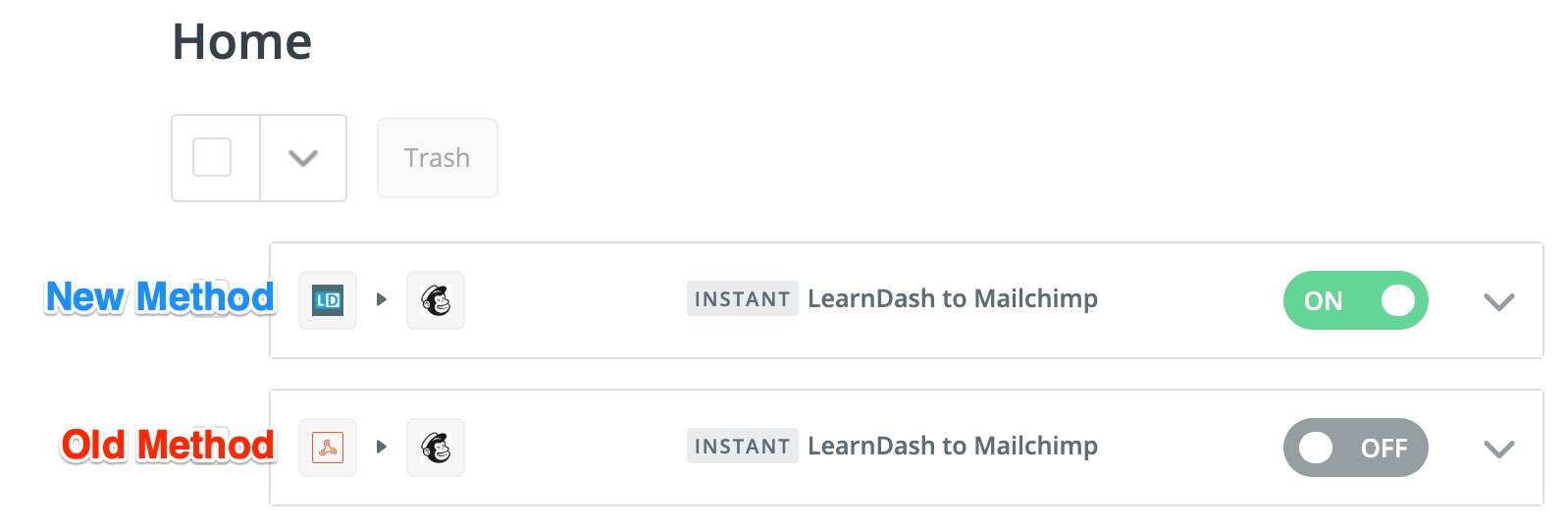 LearnDash old method vs. new method of Zapier connection