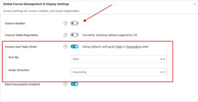 LearnDash global course ordering setting
