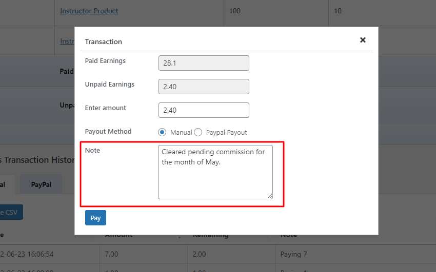 Notes for manual commission transactions