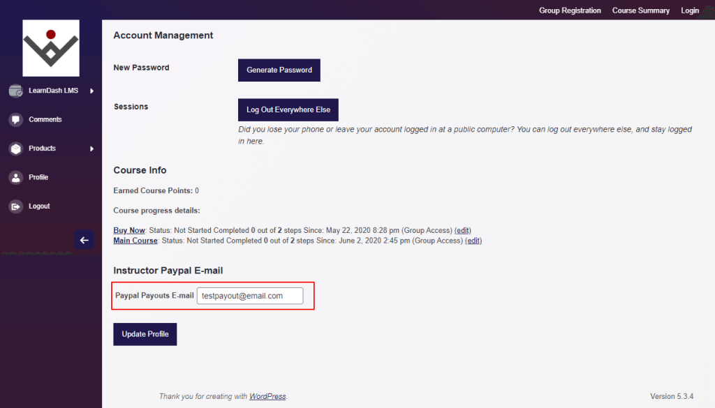 Instructor PayPal Email Settings Screenshot