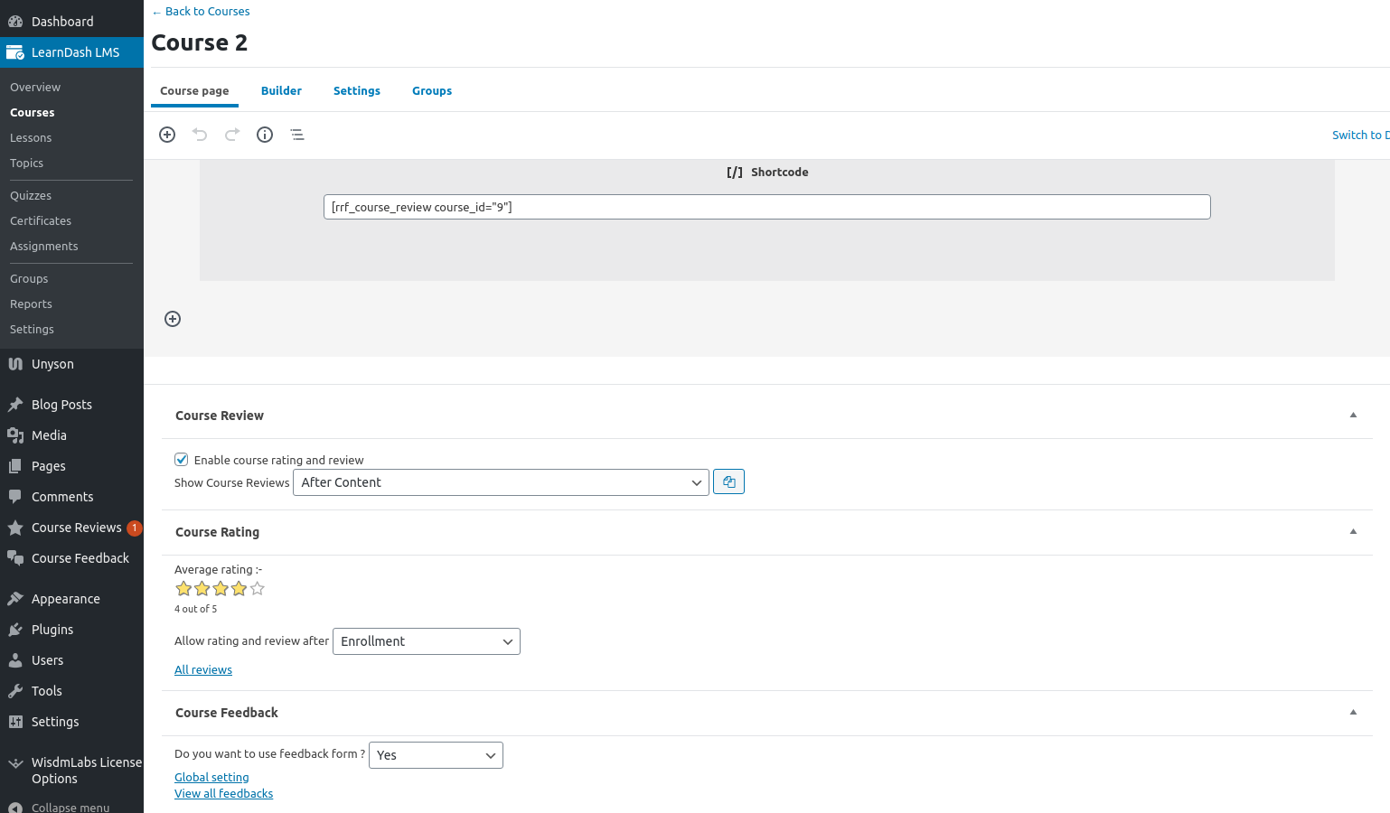 The Edit Course screen showing that there are settings for Course Review, Course Rating, and Course Feedback that you can customize to be unique from the global settings.