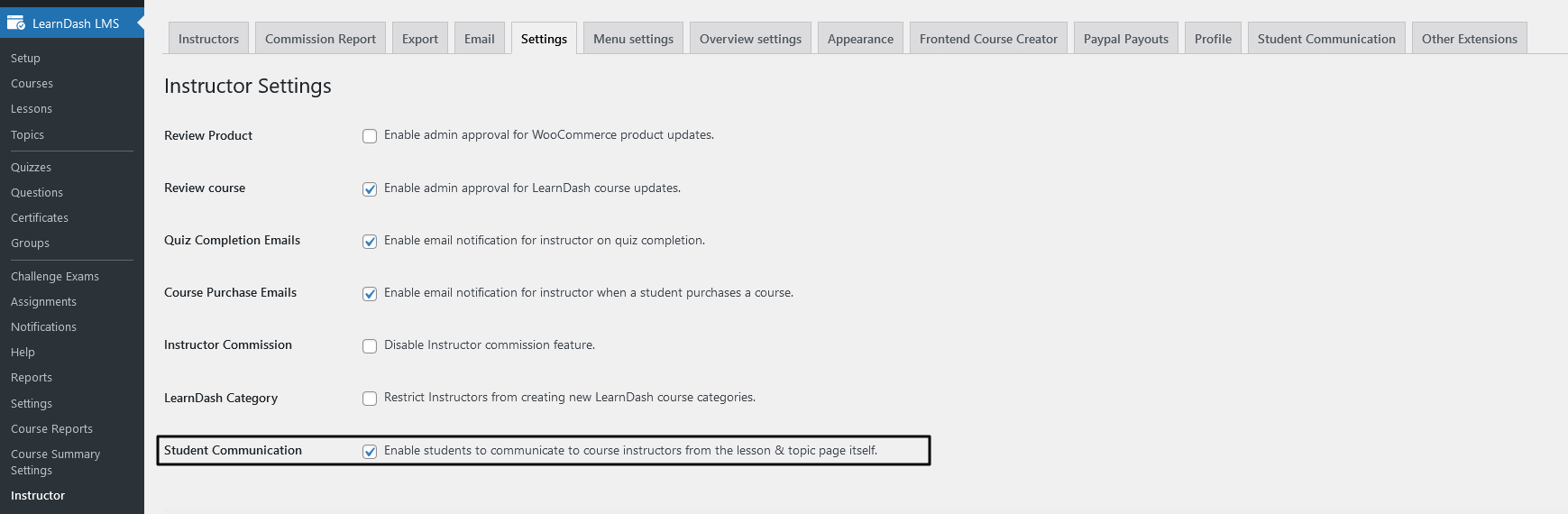 Enable student communication setting