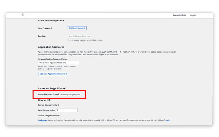 Instructor PayPal Email Settings