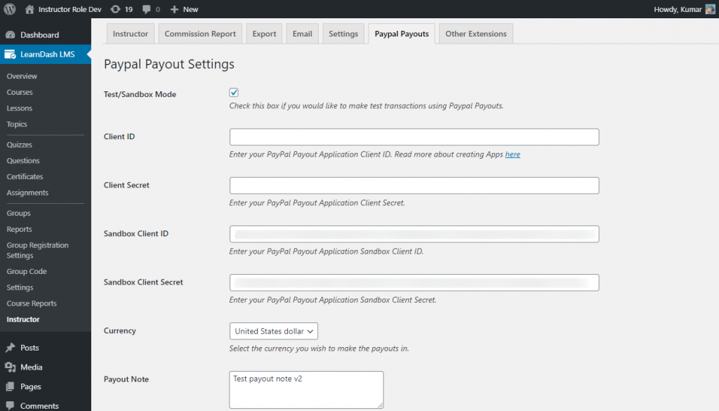nstructor Payout Setting