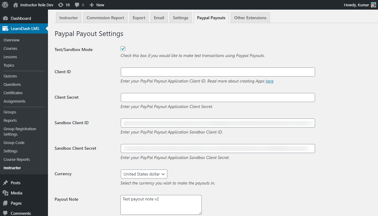 Instructor Commission PayPal Payout Transaction