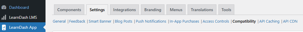 Screenshot of LearnDash App Compatibility Settings Menu