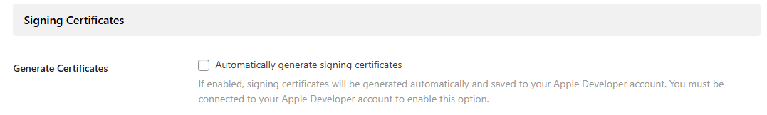 Screenshot of checkbox to automatically generate  signing certificates 