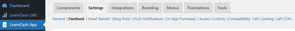 Screenshot of LearnDash App Feedback settings menu