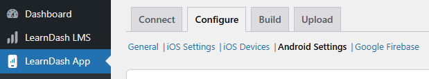 Screenshot of LearnDash App Configure Android settings menu
