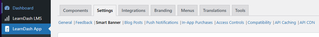 Screenshot of Smart Banner Settings in LearnDash App Menu