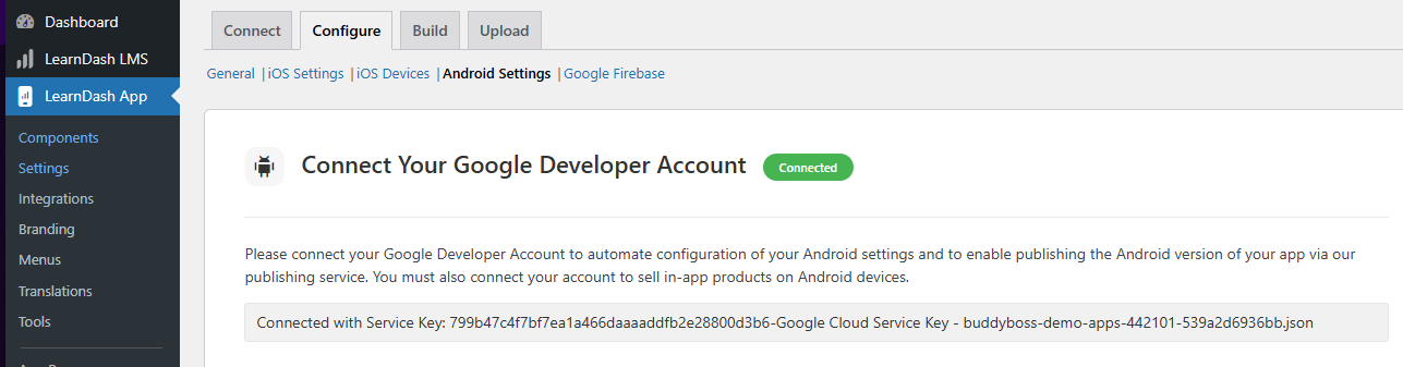 Screenshot of how to connect your Google Developer Account