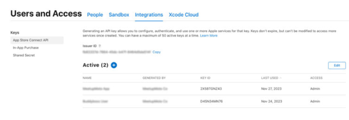 Screenshot of users and access