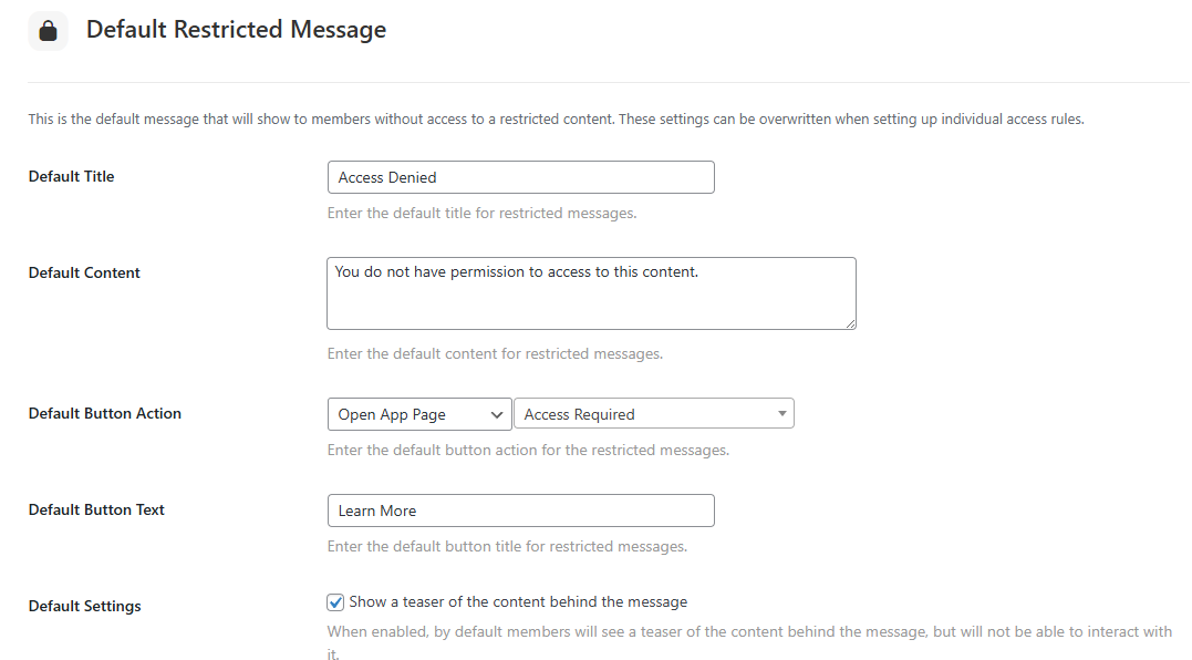 Screenshot of default restricted message settings