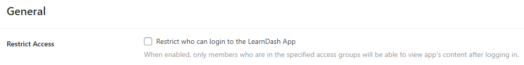 Screenshot of checkbox to restrict who can login to the LearnDash App