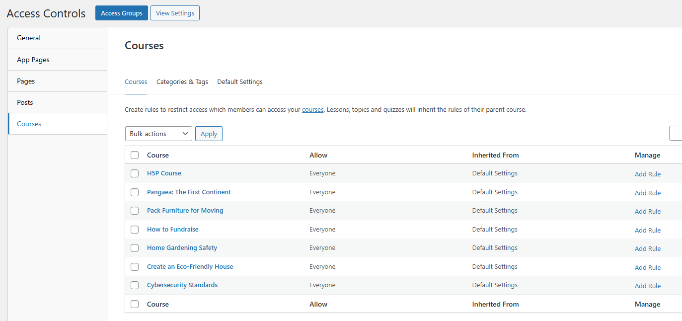 Screenshot of restricting courses