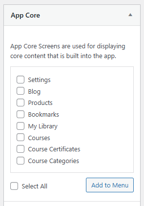Screenshot of App Core Add to Menu option