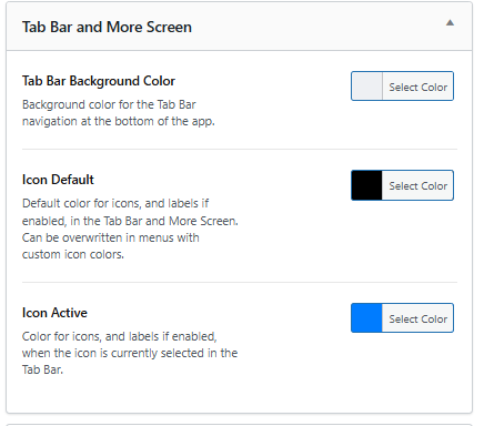 Screenshot of tab bar and more screen settings