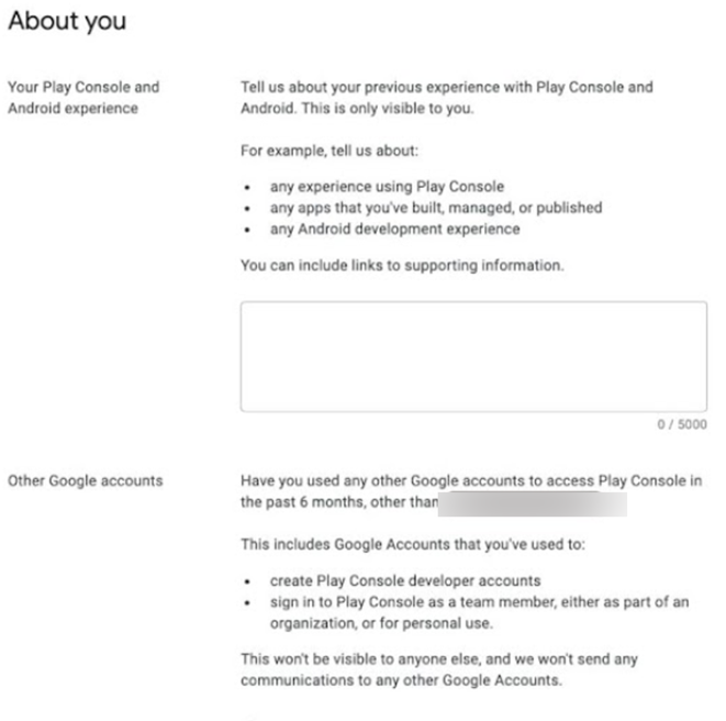 Screenshot of filling out the "About You" in the Google Play Console