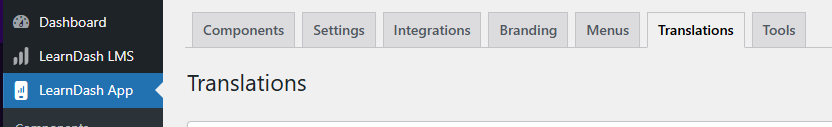 Screenshot of LearnDash App Translations menu