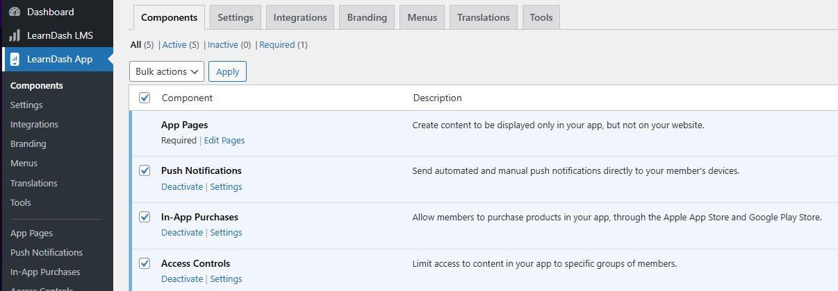 Screenshot of turning on access controls within the LD App Components