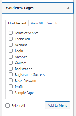 screenshot of WordPress pages
