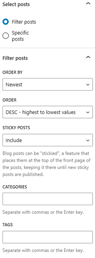 Screenshot of filtering posts